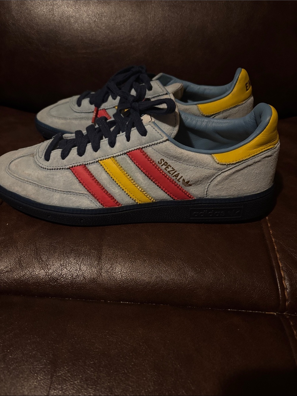 adidas Spezial Men’s Light Gray Suede Sneakers with Red & Yellow Stripes
